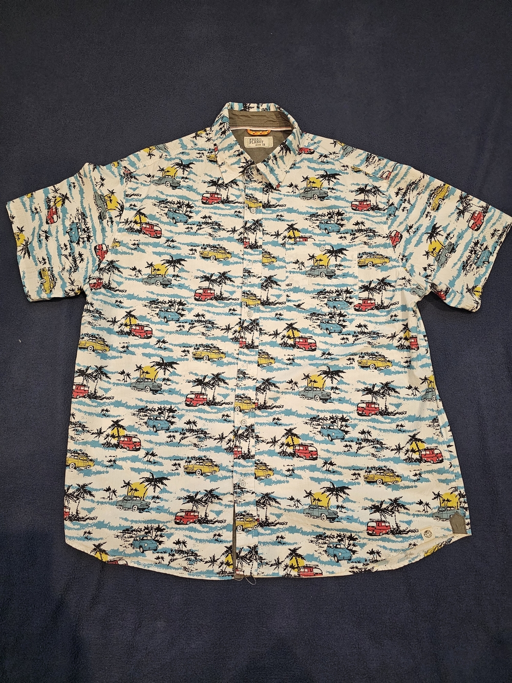 Free Planet Men’s Short-Sleeve Beach Print Shirt - White with Blue, Yellow & Red
